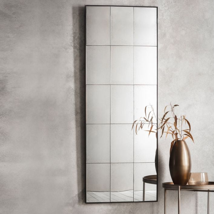 Baxter full length antiqued wall mirror with large rectangular mirrored panes in a structural metal outer frame | malletandplane.com