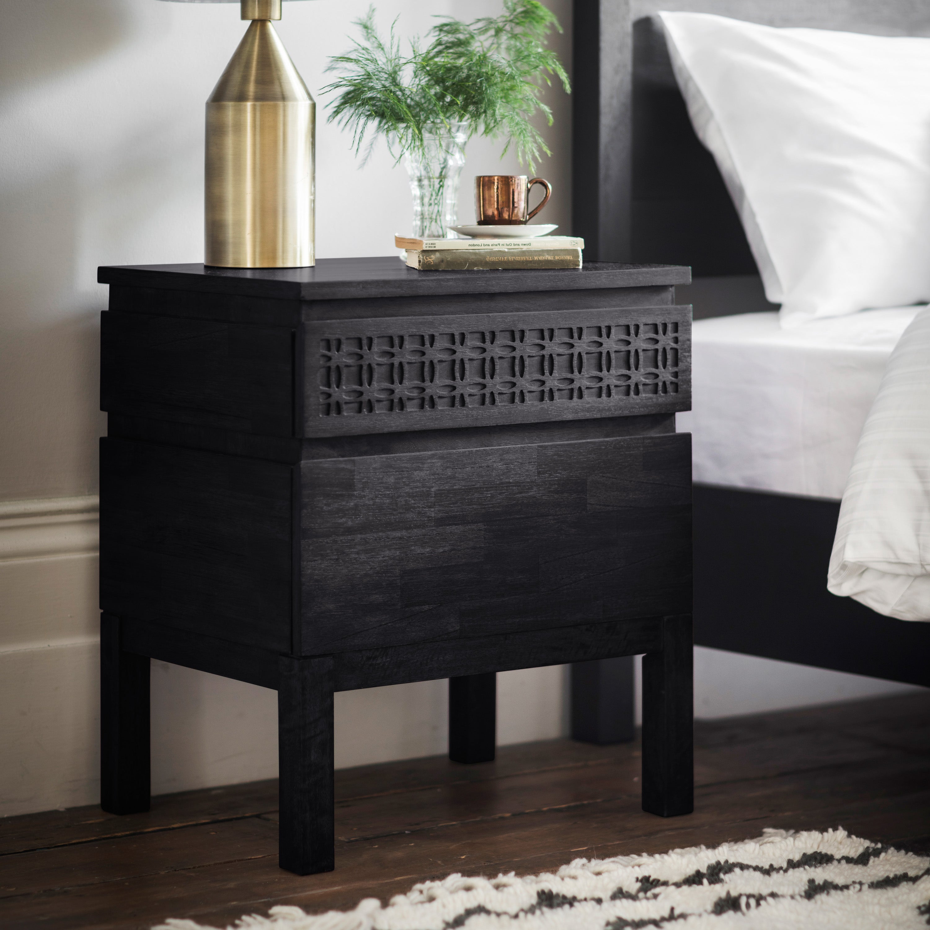 Laylah Black 2 Drawer Bedside Table - detail and lifestyle view 2