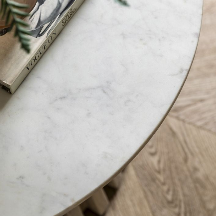 Compton mango wood and white marble round coffee table | malletandplane.com