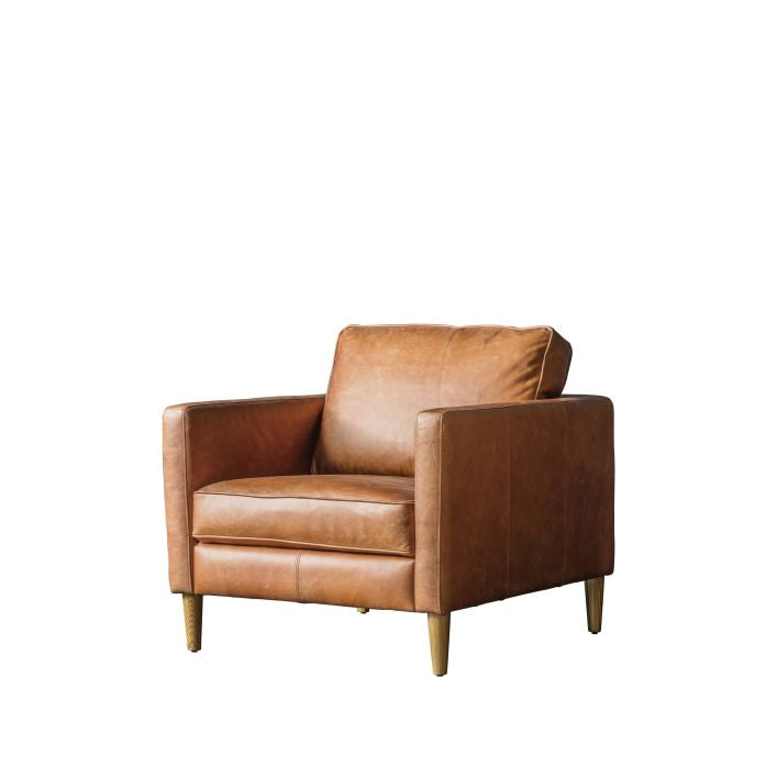 Granville top grain brown leather armchair with ash wood legs | malletandplane.com