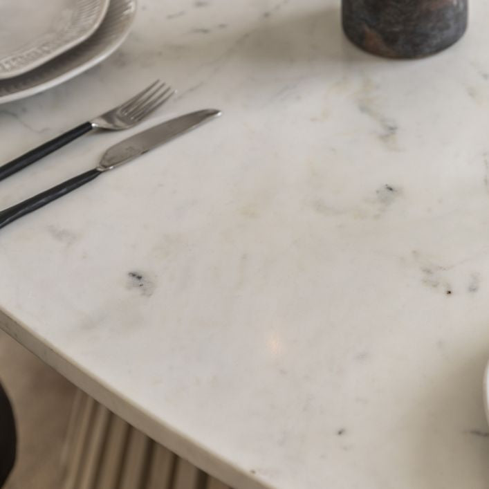 Compton marble top oval dining table with solid mango slatted base | malletandplane.com