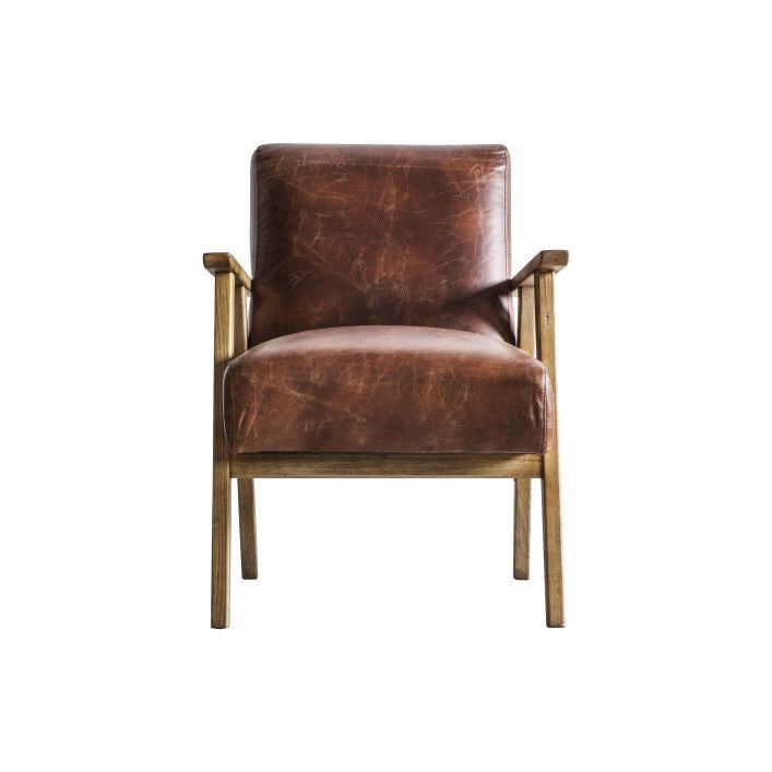 Barret mid century armchair in vintage brown top grain leather with ash wood frame | MalletandPlane.com