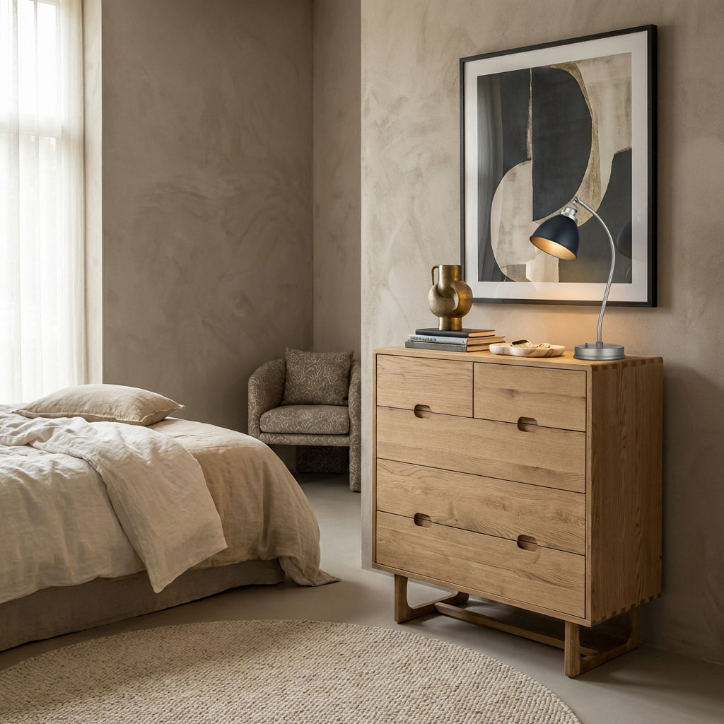 Kantu 5 drawer chest of drawers in oak with traditional jointing