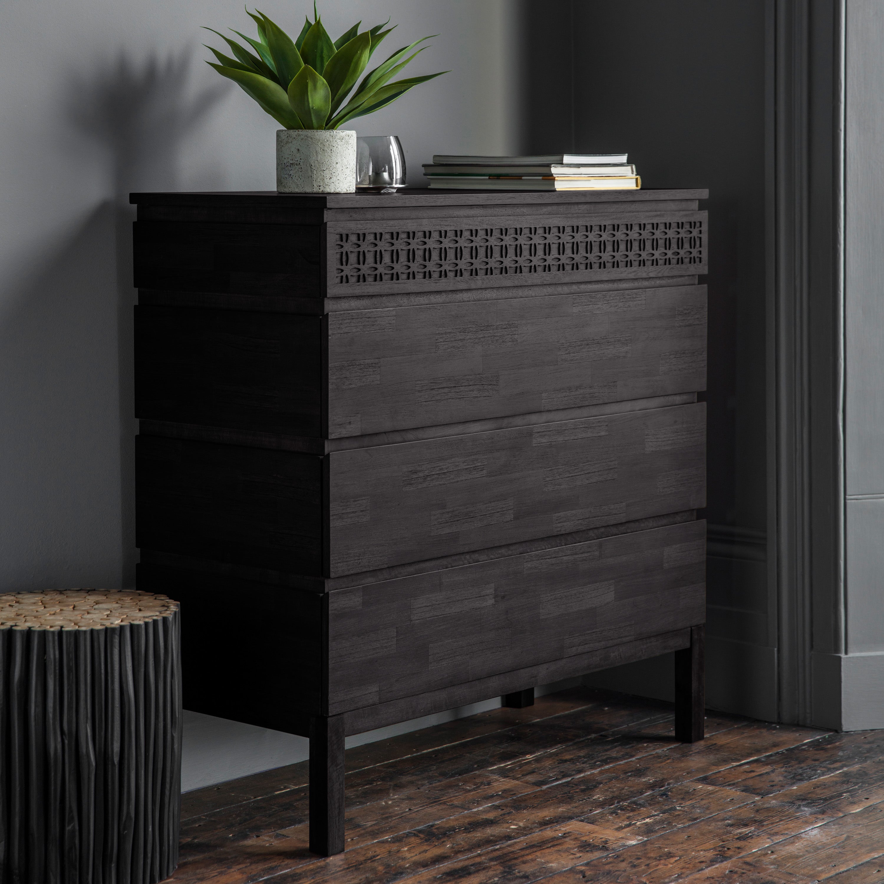 LAYLAH Black 4 Drawer Chest of Drawers - detail and lifestyle view 2