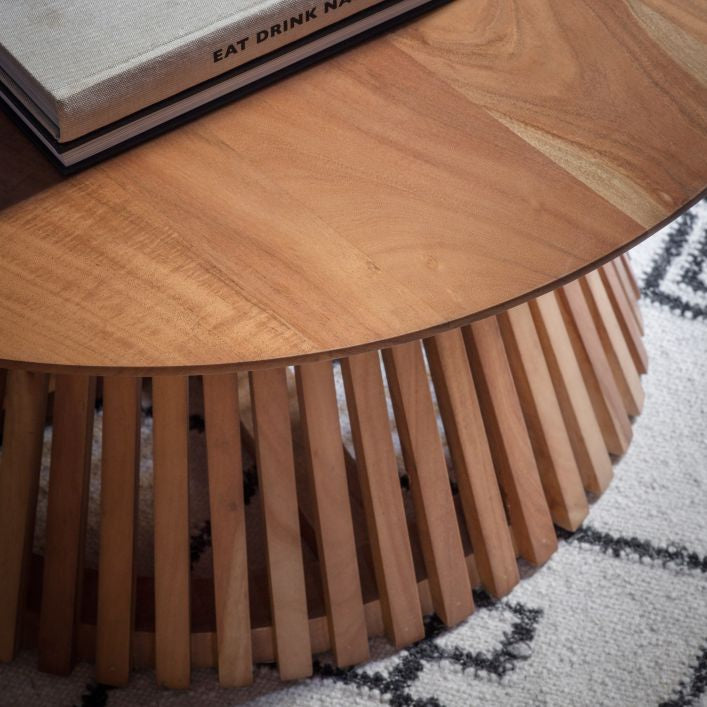 Regan solid acacia wood slatted 800mm round coffee table | malletandplane.com