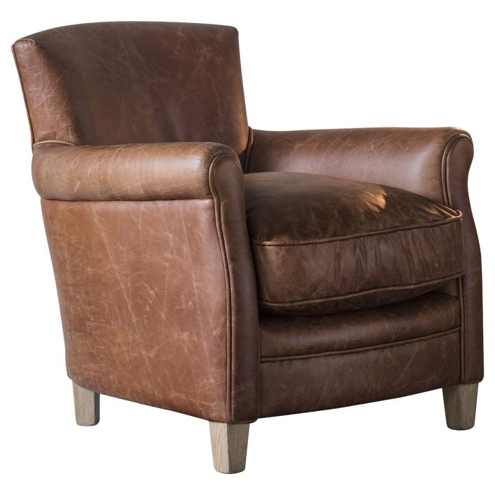 Sir Alfred vintage top grain brown leather armchair with ash feet | MalletandPlane.com