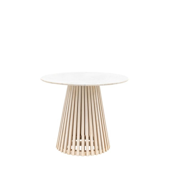 Compton marble top round dining table with solid mango slatted base | malletandplane.com