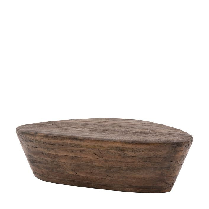 Jake triangle shaped mango wood coffee table in dark wood finish | malletandplane.com