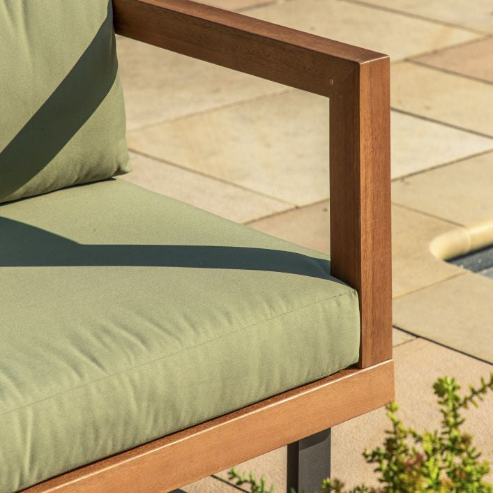 Capri 3 piece outdoor lounge set in natural eucalyptus with green cushions | malletandplane.com