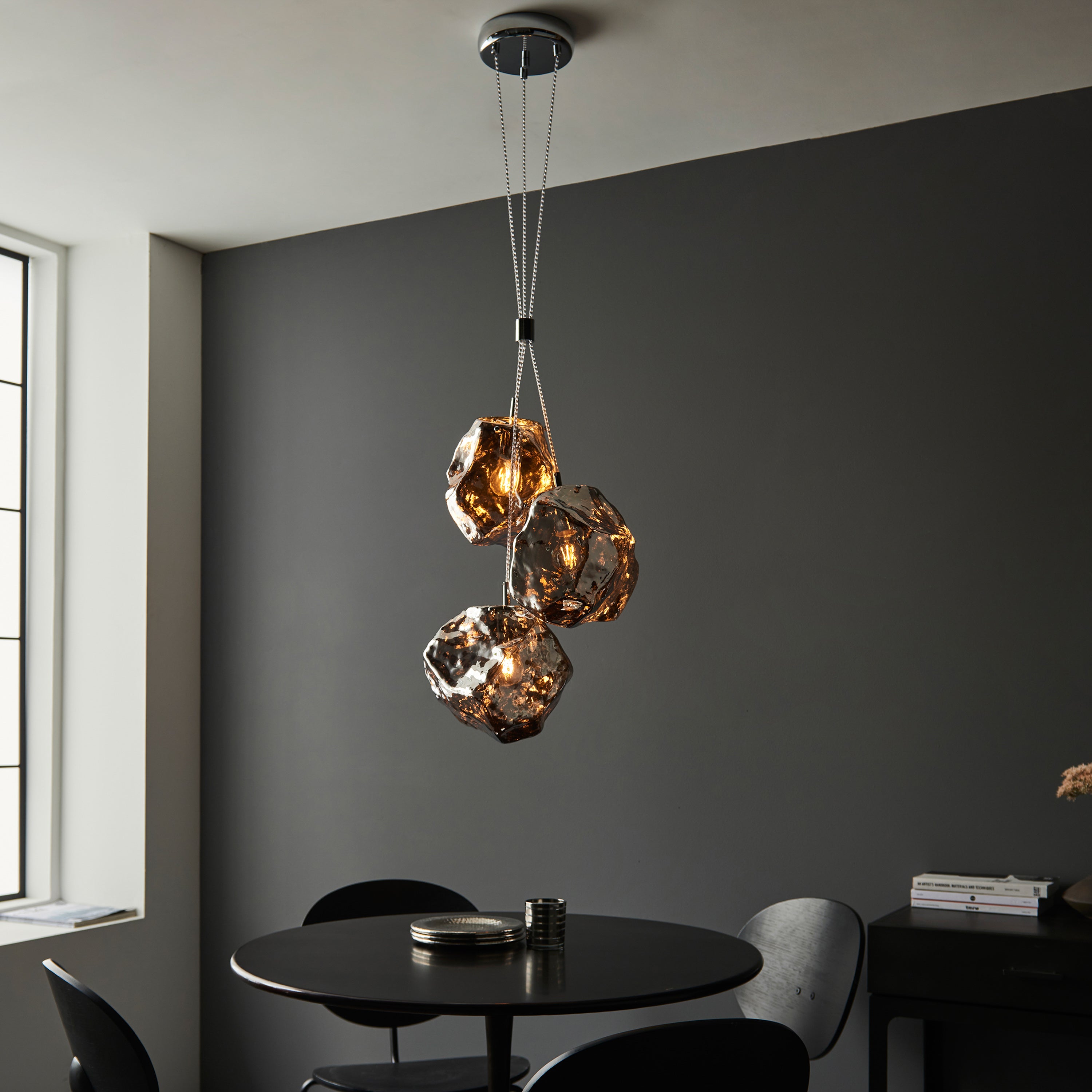 Rok Trio pendant light in steel and metallic chrome glass | MalletandPlane.com