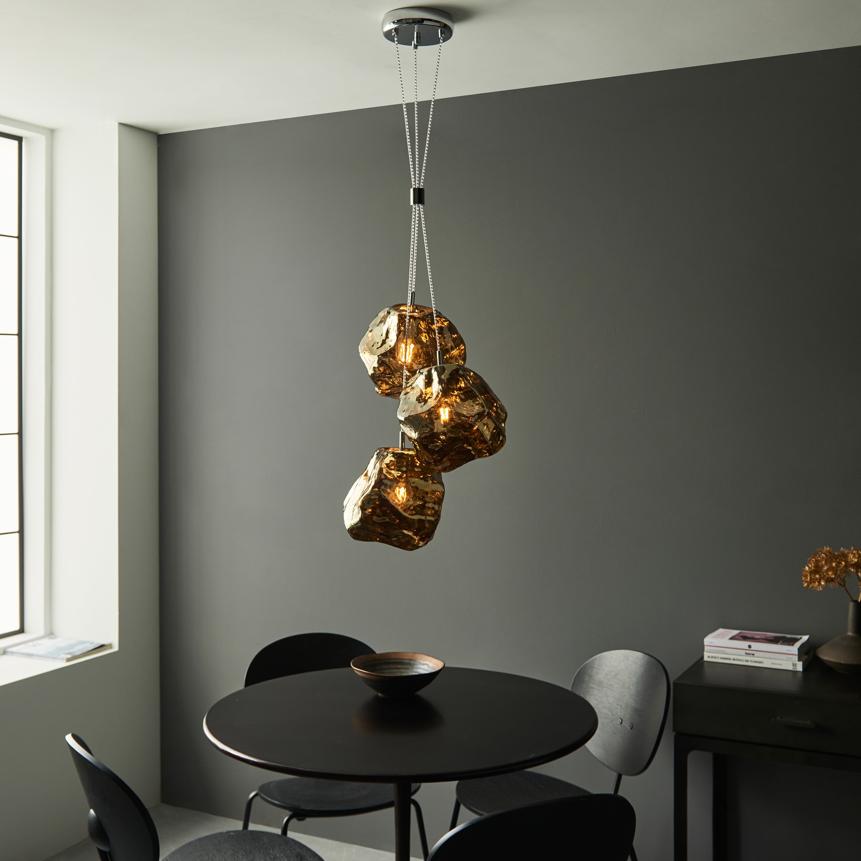 Rok Trio pendant light in steel and metallic bronze glass | MalletandPlane.com