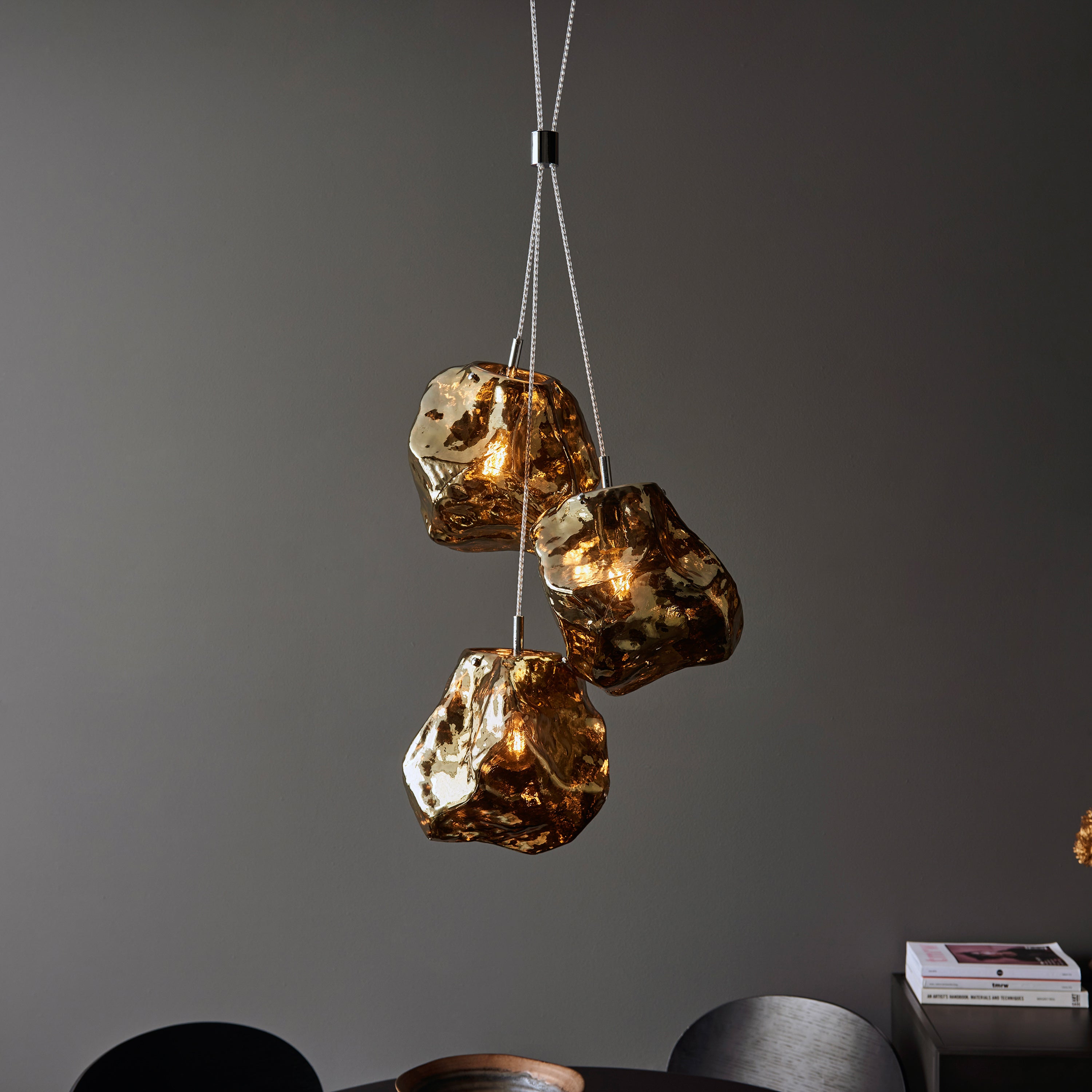 Rok Trio pendant light in steel and metallic bronze glass | MalletandPlane.com