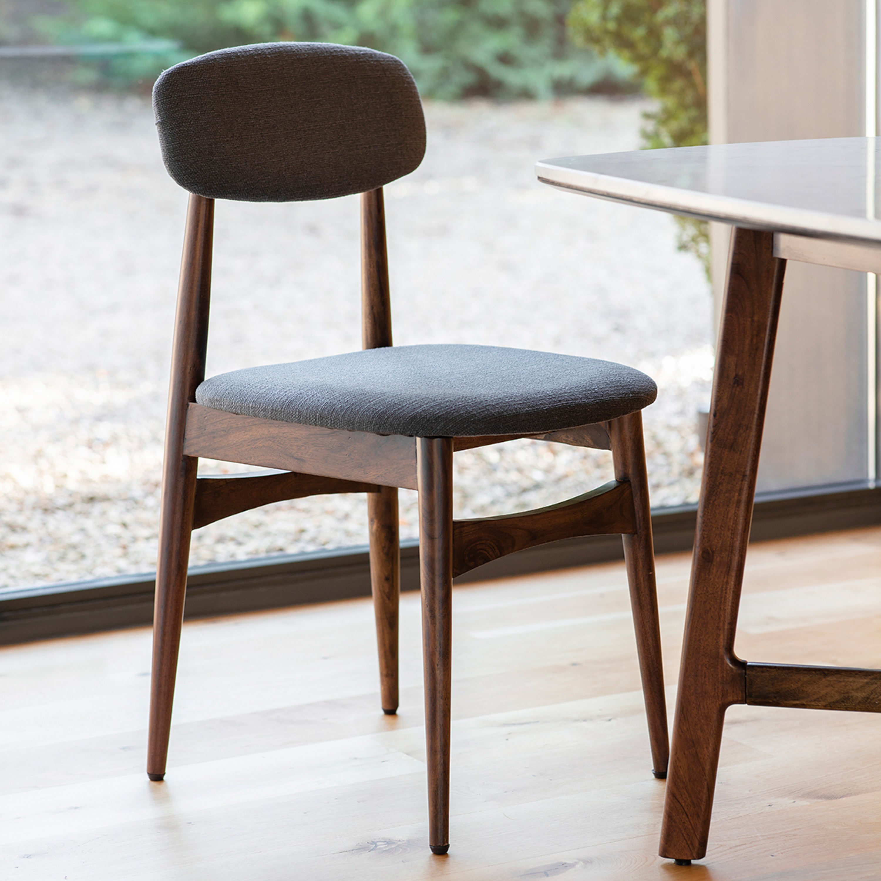 Set of 2 Fresca mid-century dining chairs in walnut finish with grey upholstery | MalletandPlane.com