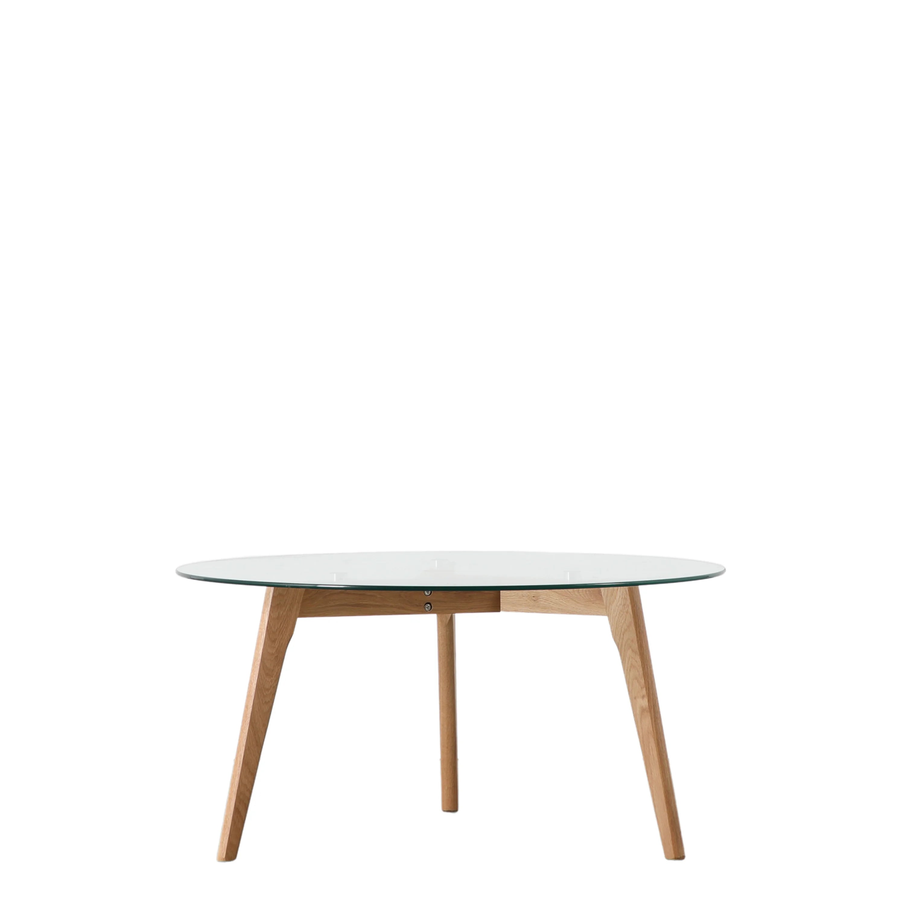 Jack round glass coffee table in natural oak with clear glass | MalletandPlane.com