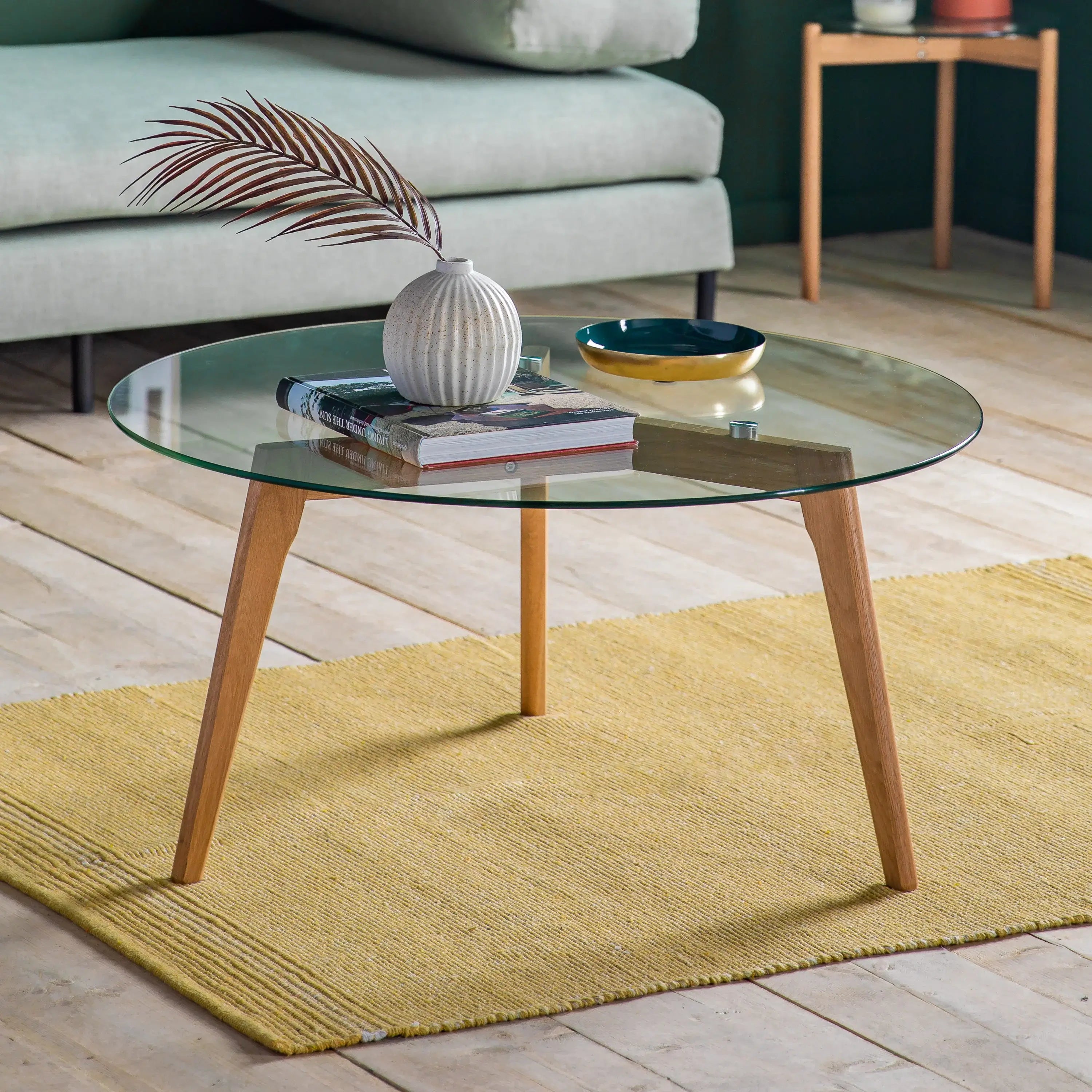 Jack round glass coffee table in natural oak with clear glass | MalletandPlane.com