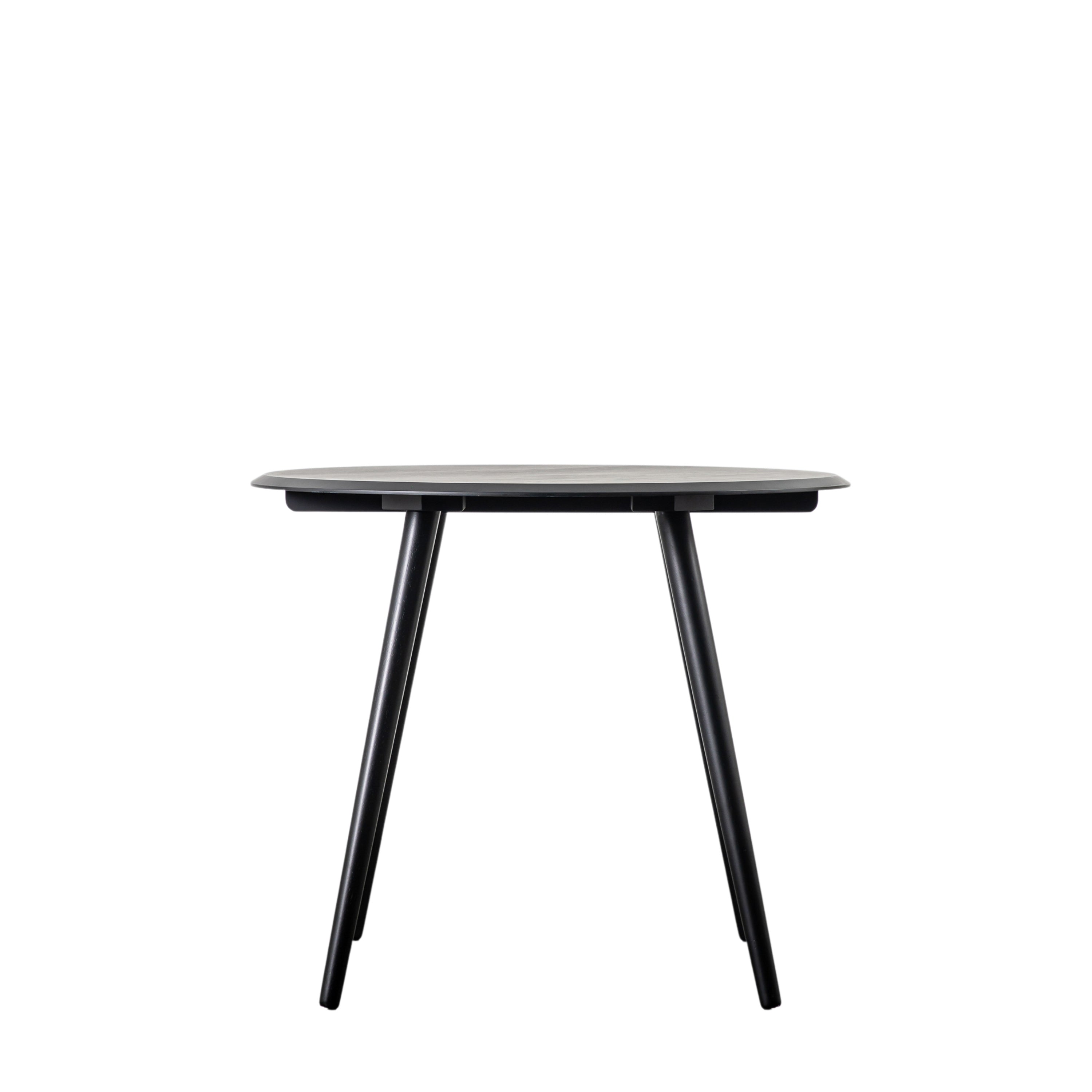 Cade 90cm round dining table in black rubber wood with black oak veneer top | MalletandPlane.com