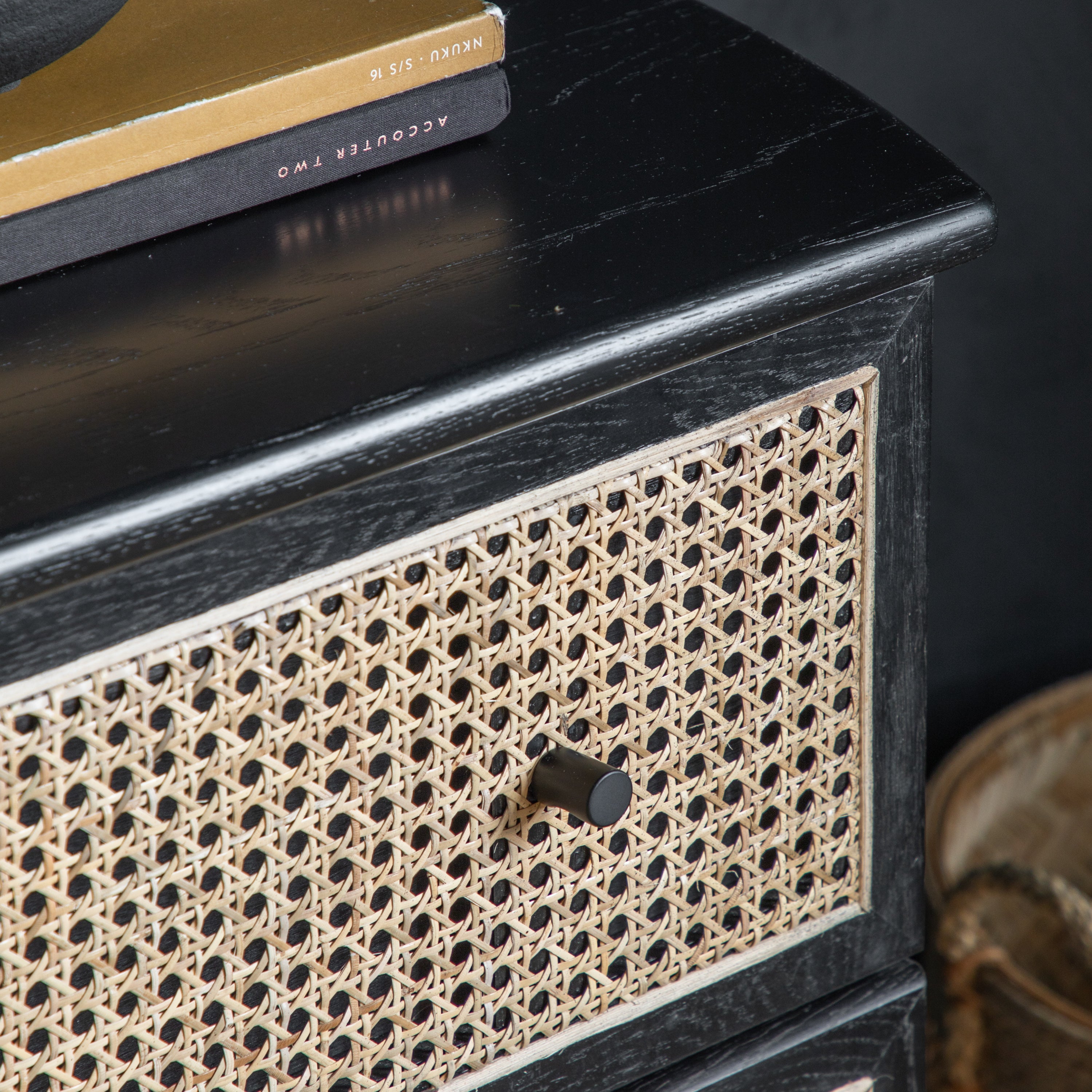 Hoxton Chest of Drawers in black oak with contrasting rattan drawer frontals | MalletandPlane.com