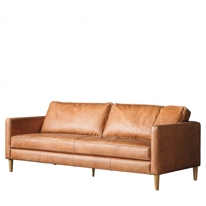 Granville 3 seat sofa in vintage brown top grain leather upholstery with ash legs | malletandplane.com