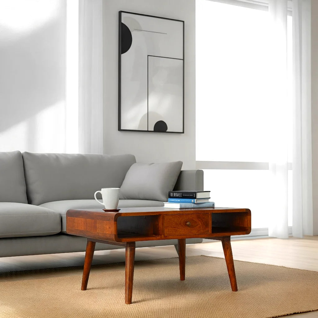 CENTURY Wood Coffee Table in deep chestnut finish with drawers and open storage slots | malletandplane.com