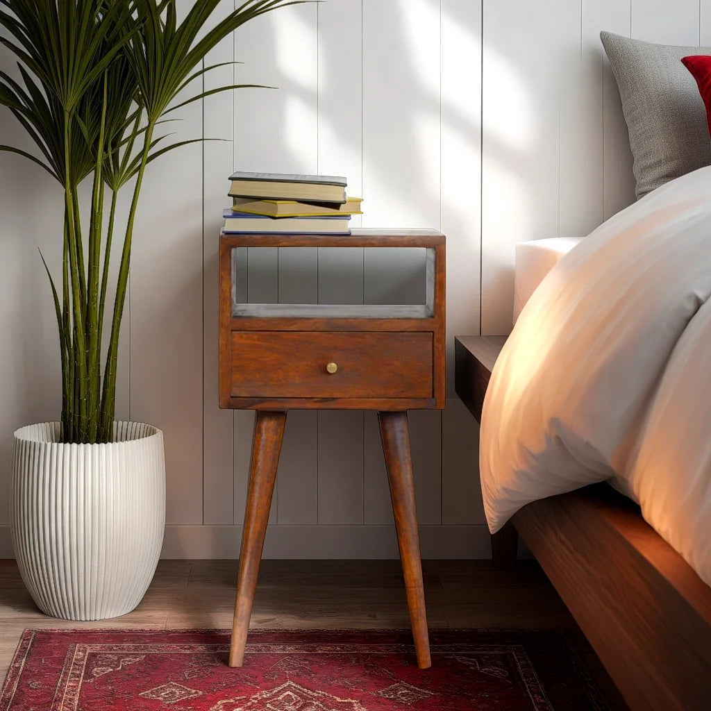 Ronan handmade solid mango wood small bedside table in a deep chestnut finish | malletandplane.com