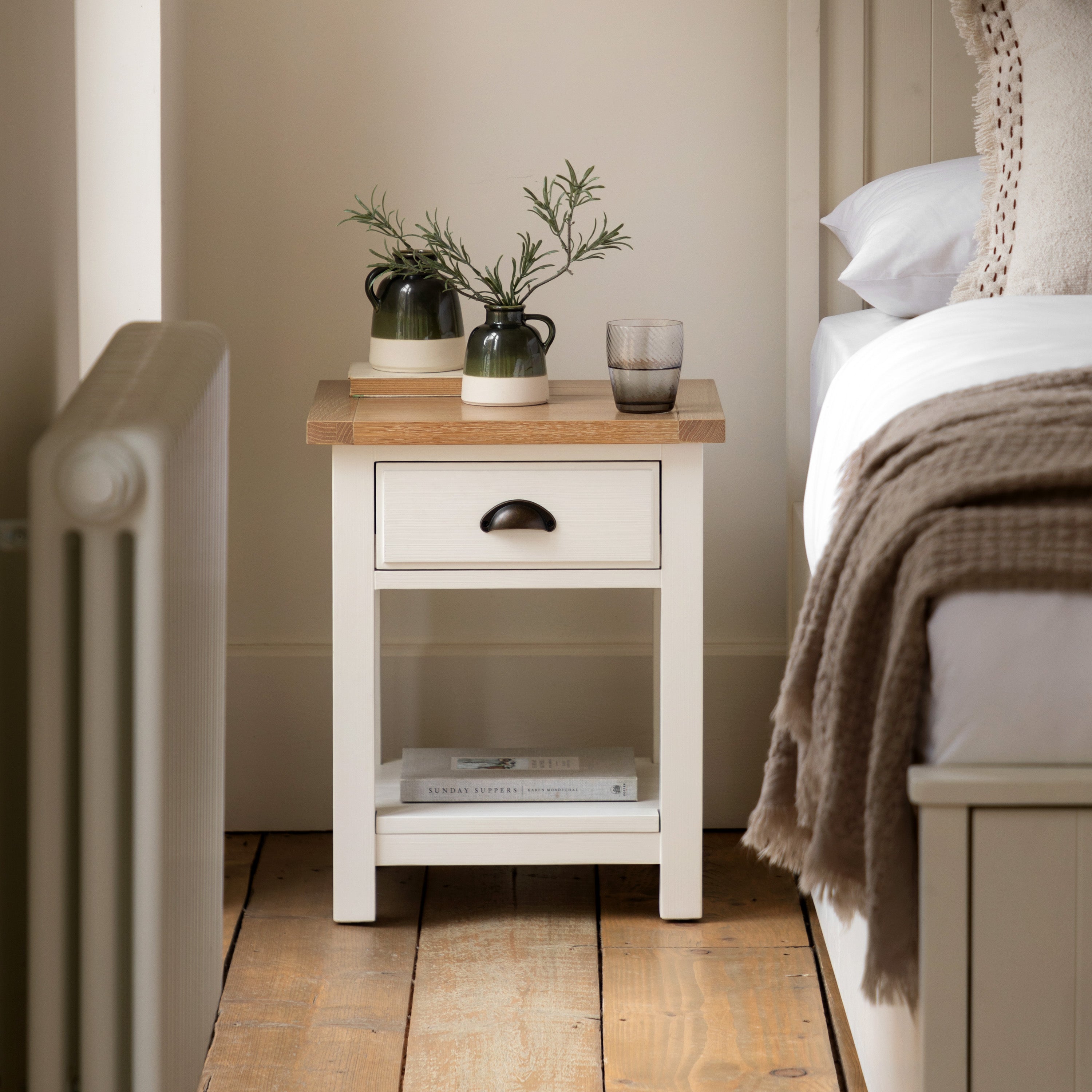 Jora White 1 Drawer / 1 Shelf Bedside Table - detail and lifestyle view 2