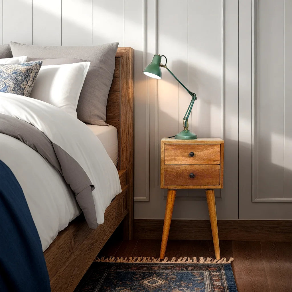 Joel handmade solid wood narrow bedside table with 2 drawers in oak-ish finish | malletandplane.com