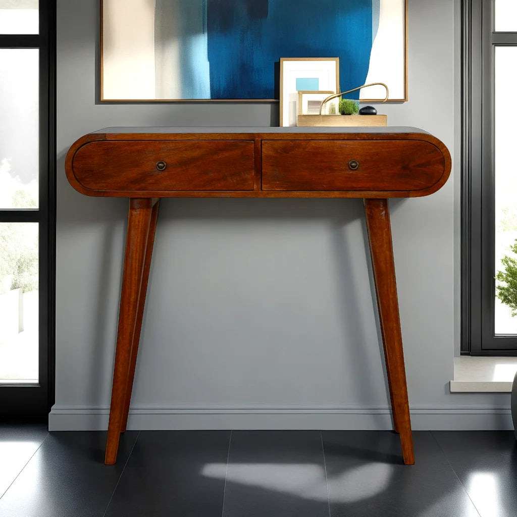 Newton handmade solid wood console table with drawers and curved edges in a deep chestnut finish | malletandplane.com