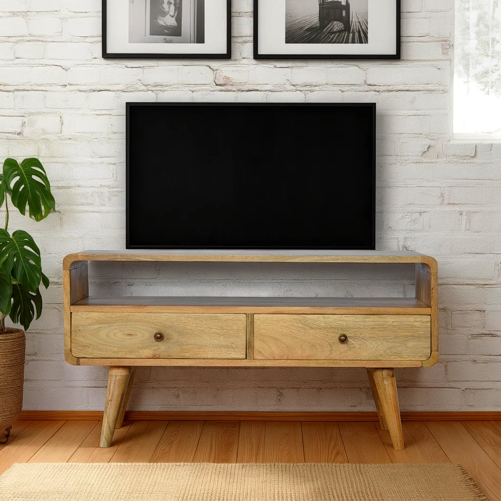 Modal Handmade Solid Wood TV Stand with 2 Drawers and an Open Slot in Natural Oak-ish finish | malletandplane.com