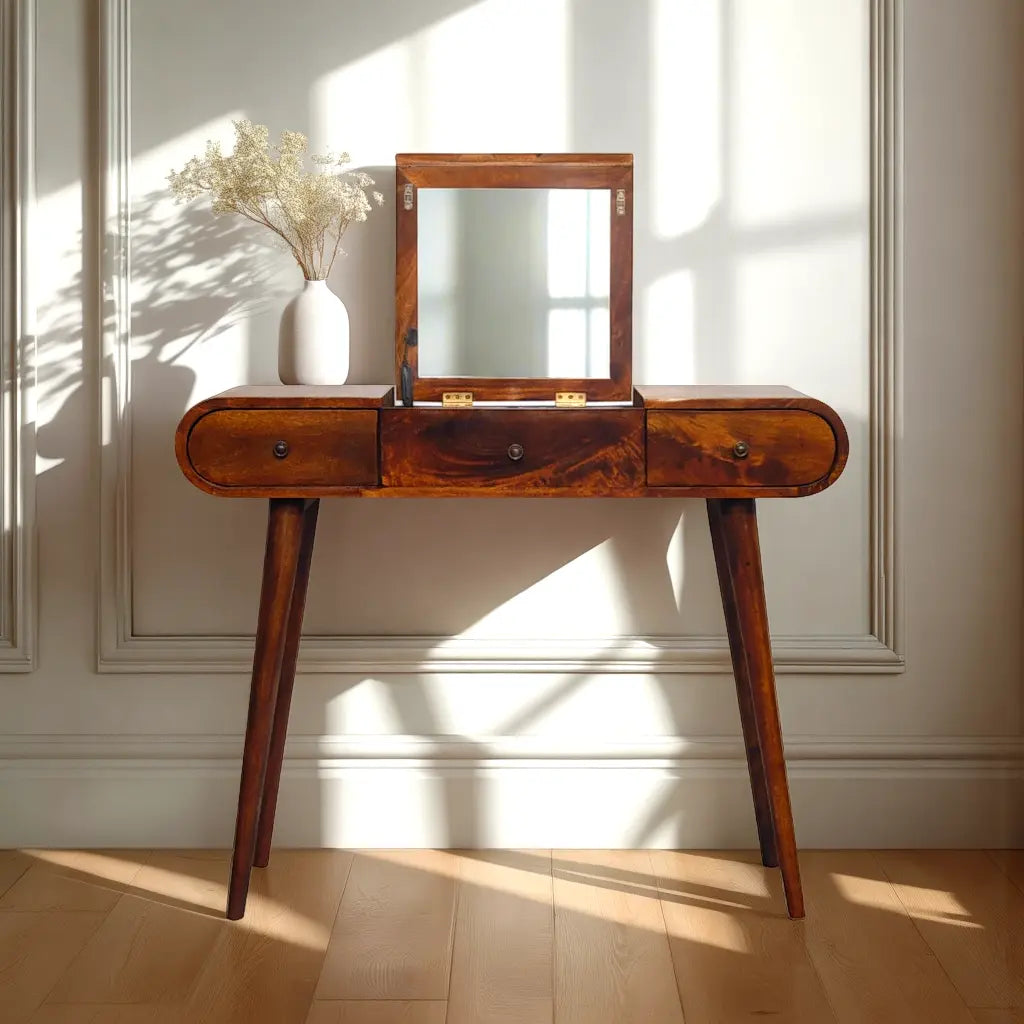 Newton handmade solid wood 3 drawer dressing table with foldable mirror in deep chestnut finish | malltandplane.com