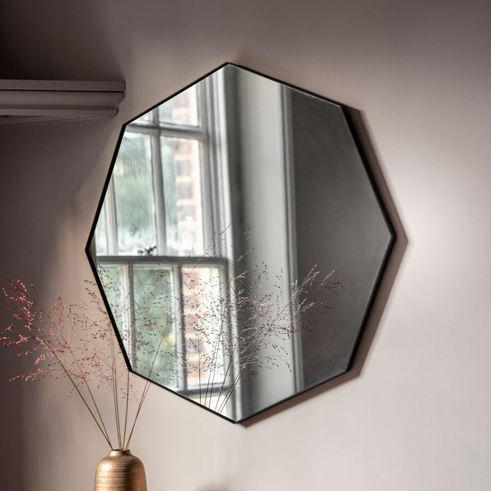 Fitz 800mm Octagonal Wall Mirror with metal frame in black, champagne gold or silver | MalletandPlane.com