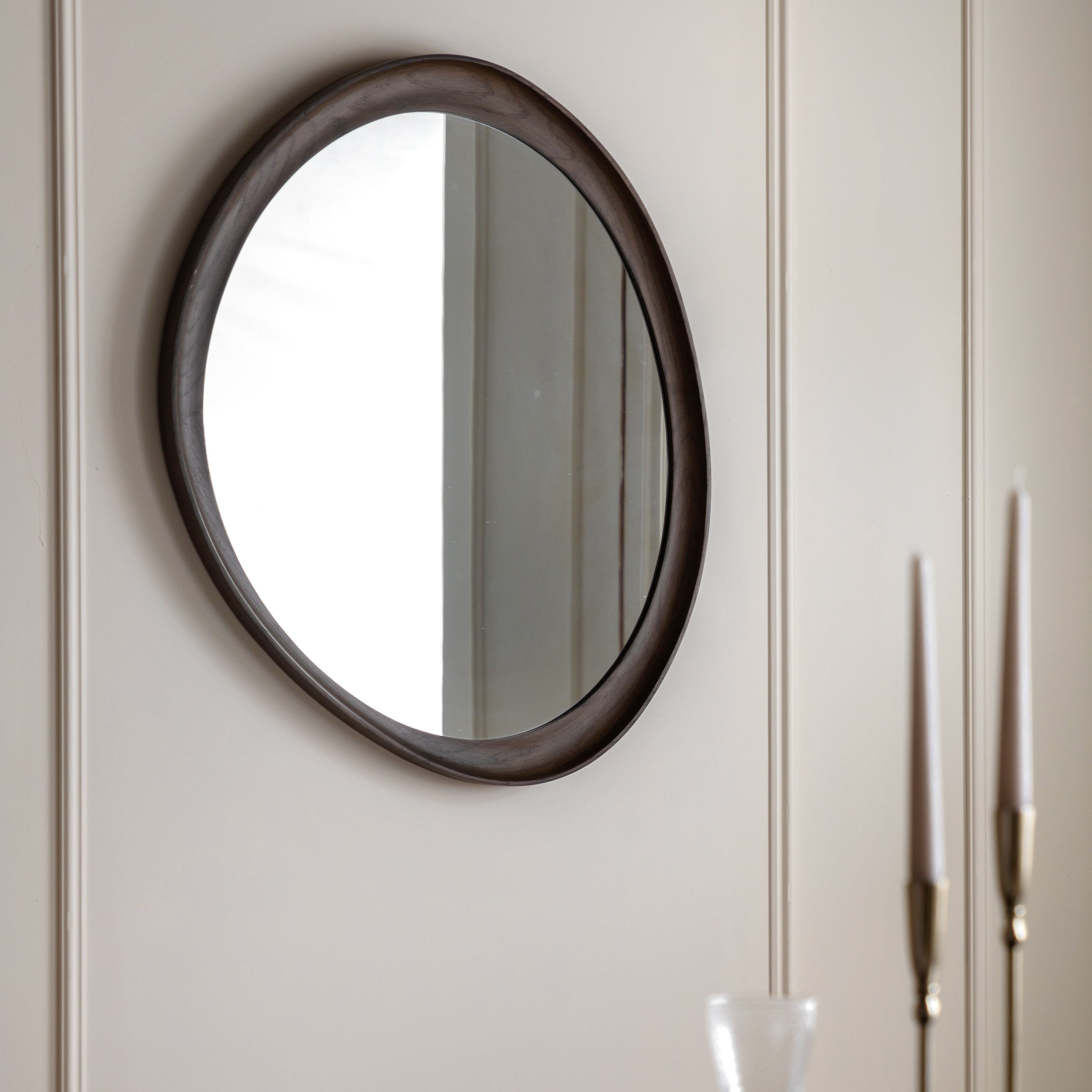 Copenhagen Pebble Mirror Walnut - detail and lifestyle view 2