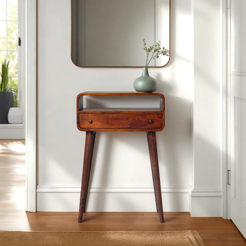 Century 1 Drawer handmade solid wood small console table in deep chestnut finish | malletandplane.com