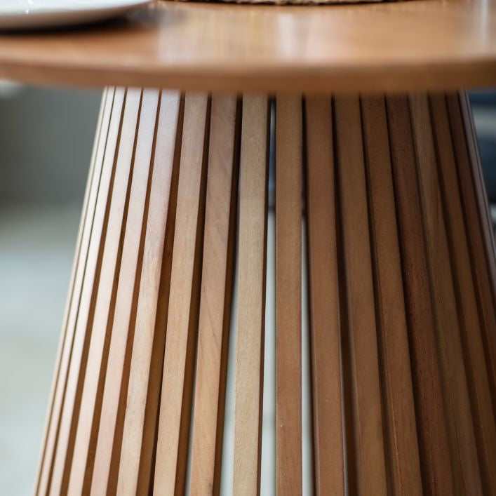 Regan solid acacia wood slatted 4 seater round dining table | malletandplane.com