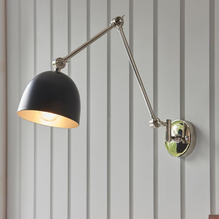 Geiger adjustable wall light in polished nickel and matt black | MalletandPlane.com