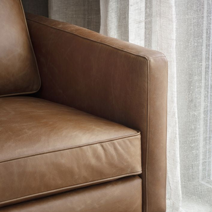 Granville 3 seater vintage brown top grain leather upholstery and ash legs | MalletandPlane.com