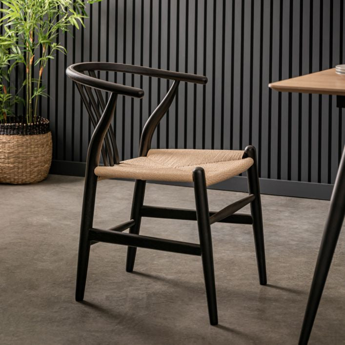 Burnham set of 2 dining chairs in either natural or black stained wood with wishbone back and handwoven kraft seat | malletandplane.com