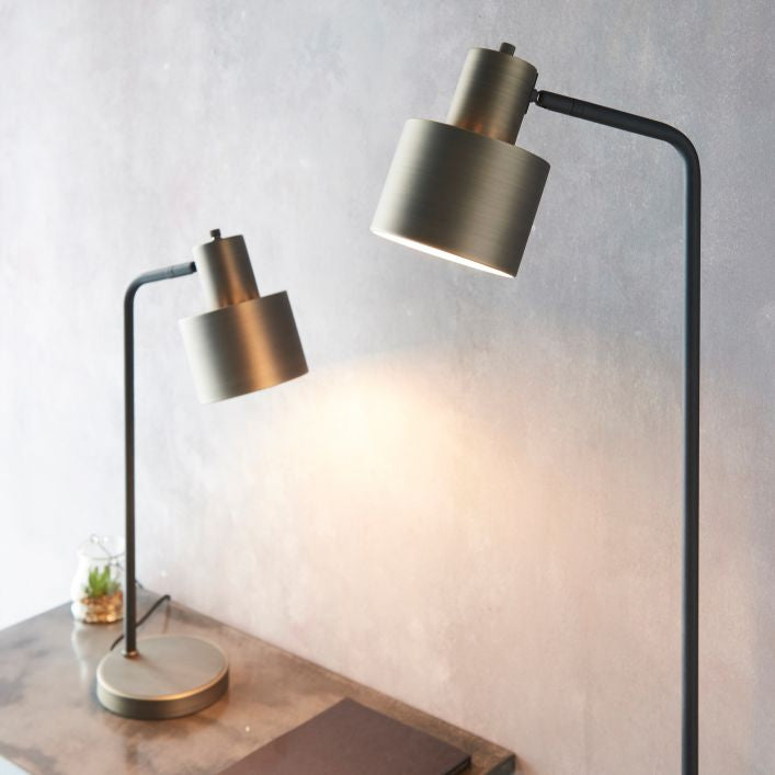 Kel antique brass and black floor lamp with adjustable shade and knurled switch | MalletandPlane.com