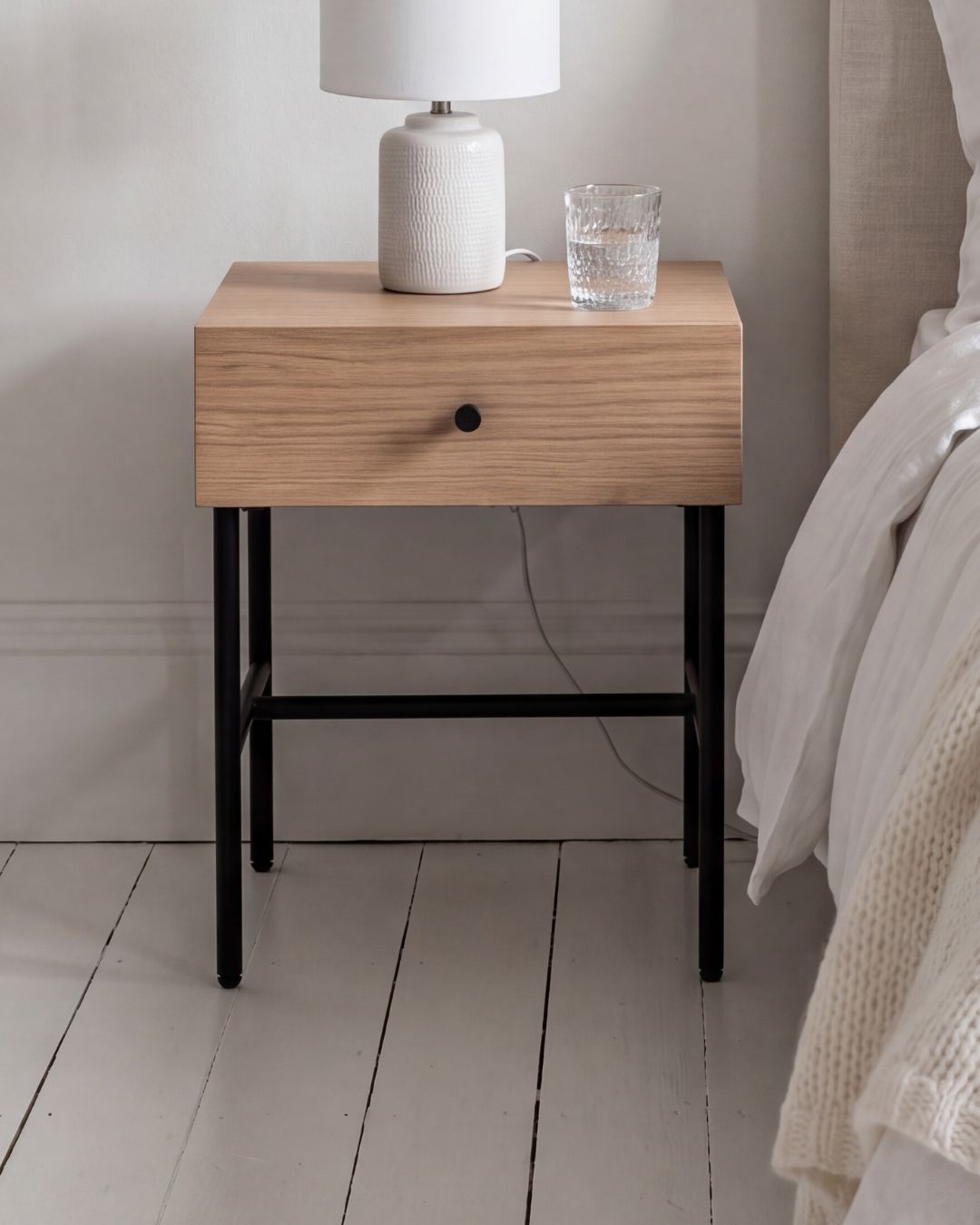 Alden Oak Bedside Table with Drawer & Black Metal Frame