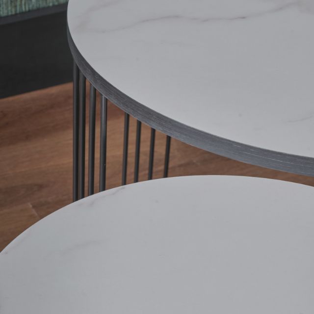 ALMA Side Tables (Set of 2) – Marble-Look Veneer & Black Metal Base | malletandplane.com