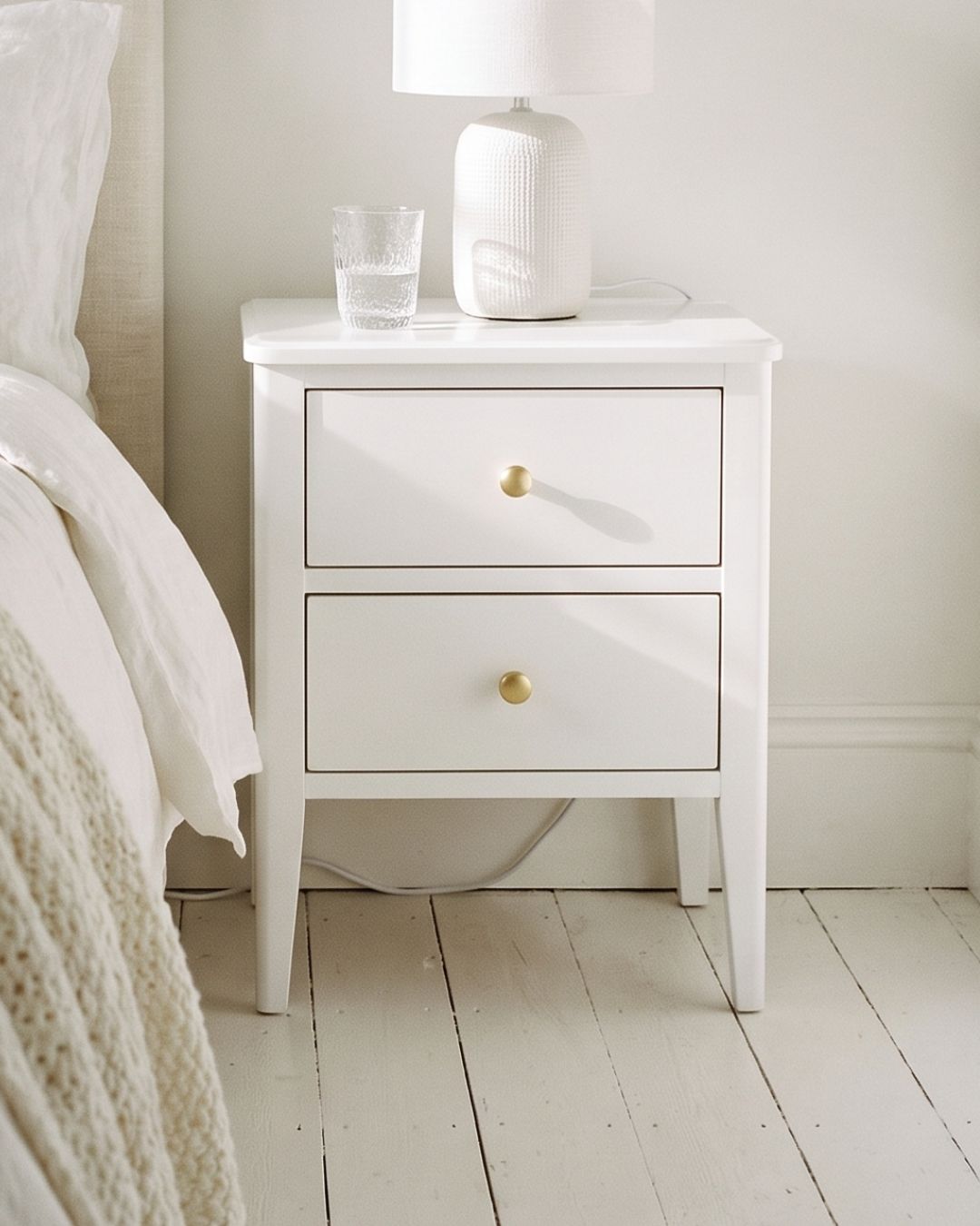 Alvar - Modern White Bedside Table with 2 Drawers | Gold Handle Nightstand