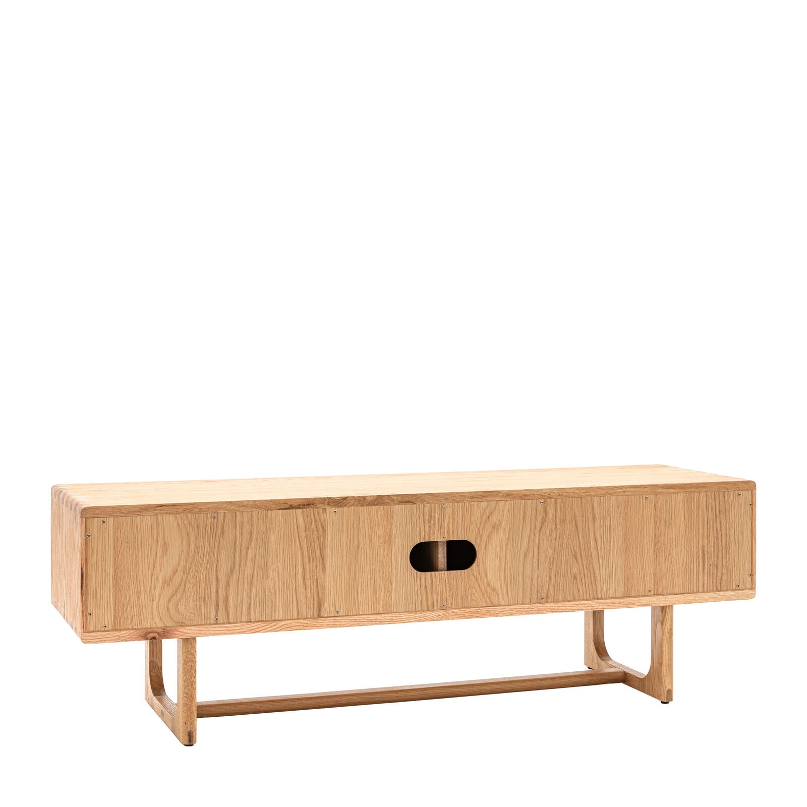 Artisan oak media unit with sliding doors and shaped underframe in natural finish | malletandplane.com