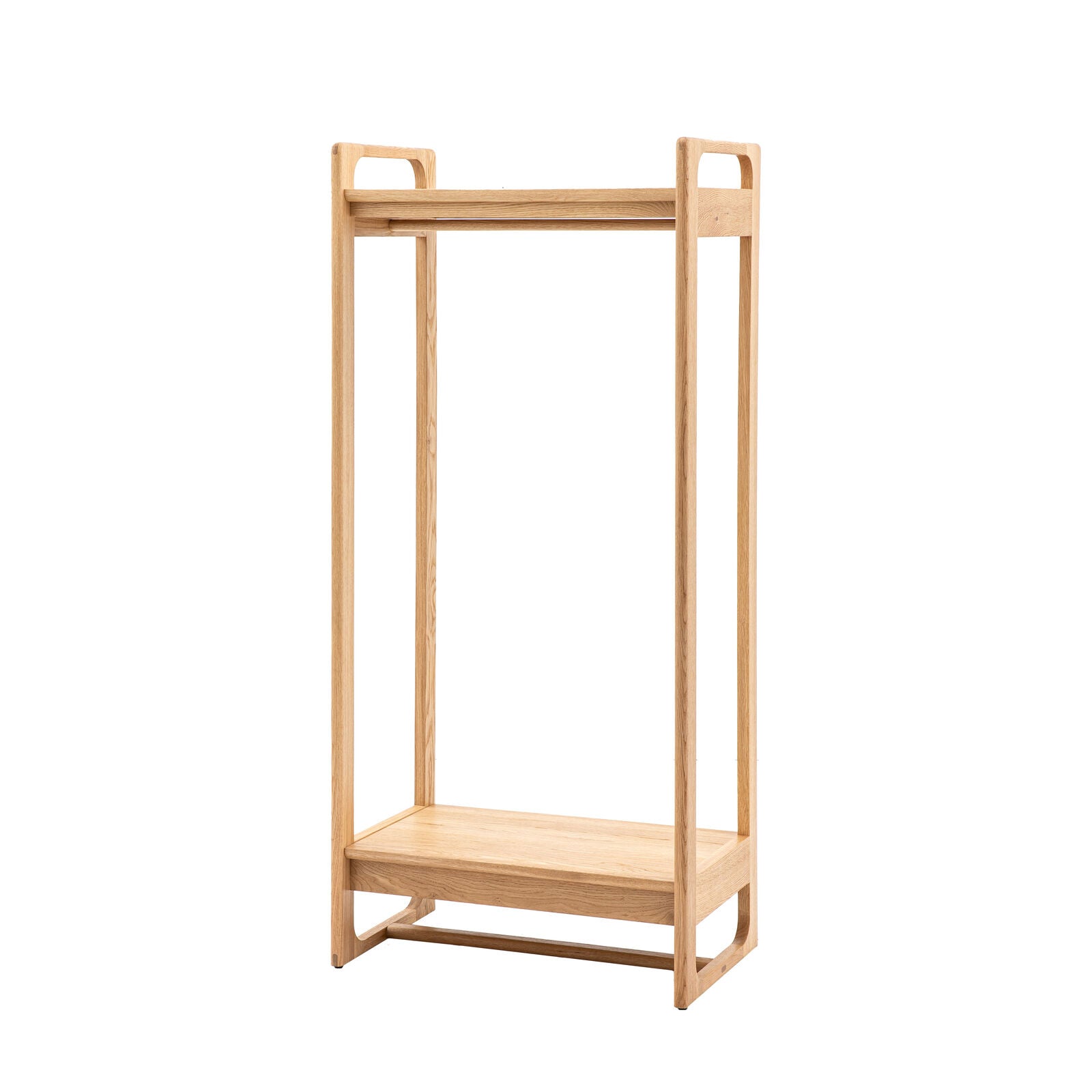 Artisan oak open wardrobe with two shelves and hanging rail | malletandplane.com