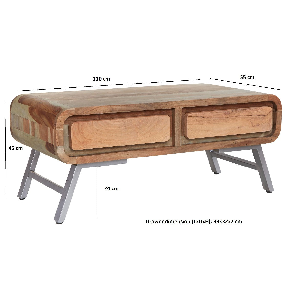 Kasia handmade acacia wood coffee table with reclaimed metal legs| MalletandPlane.com