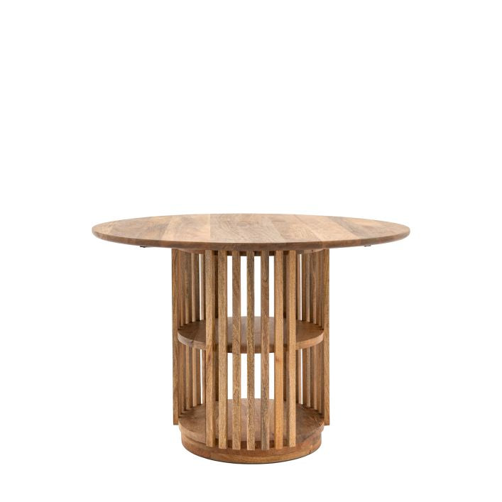 Nelson mango wood slatted round dining table with storage | malletandplane.com