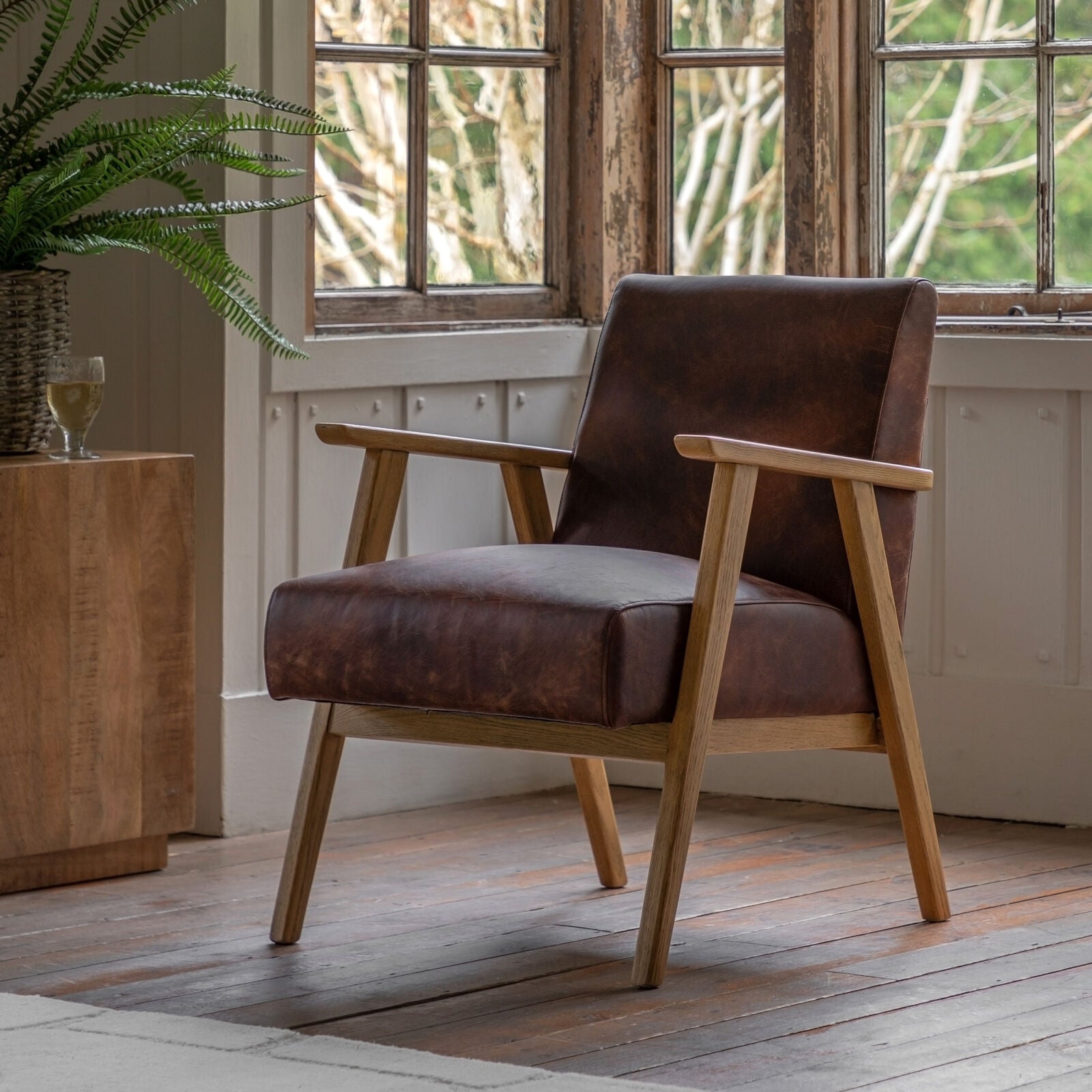 Barret mid century armchair in vintage brown top grain leather with ash wood frame | MalletandPlane.com