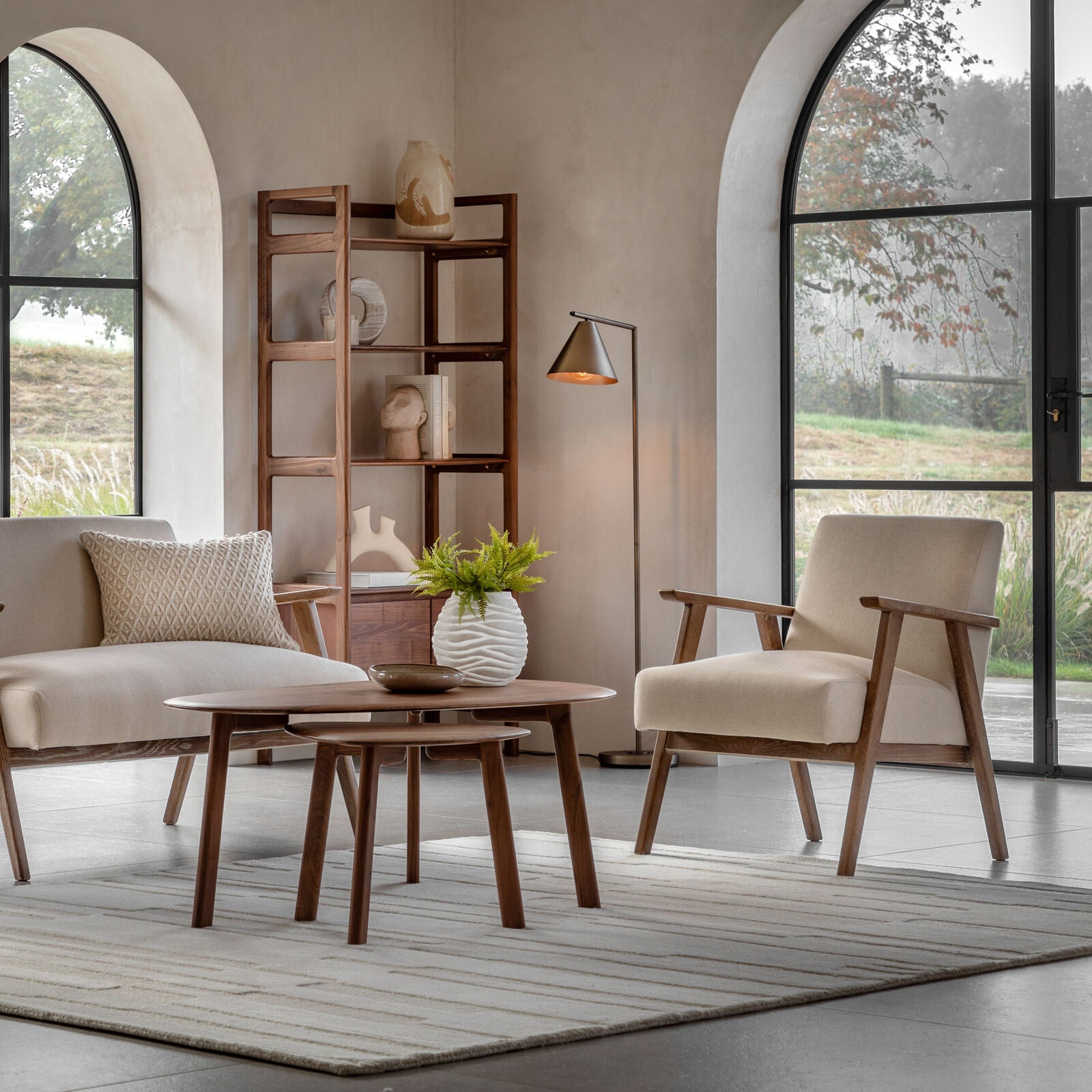 arret mid century style armchair in natural linen upholstery and solid ash wood frame | malletandplane.com