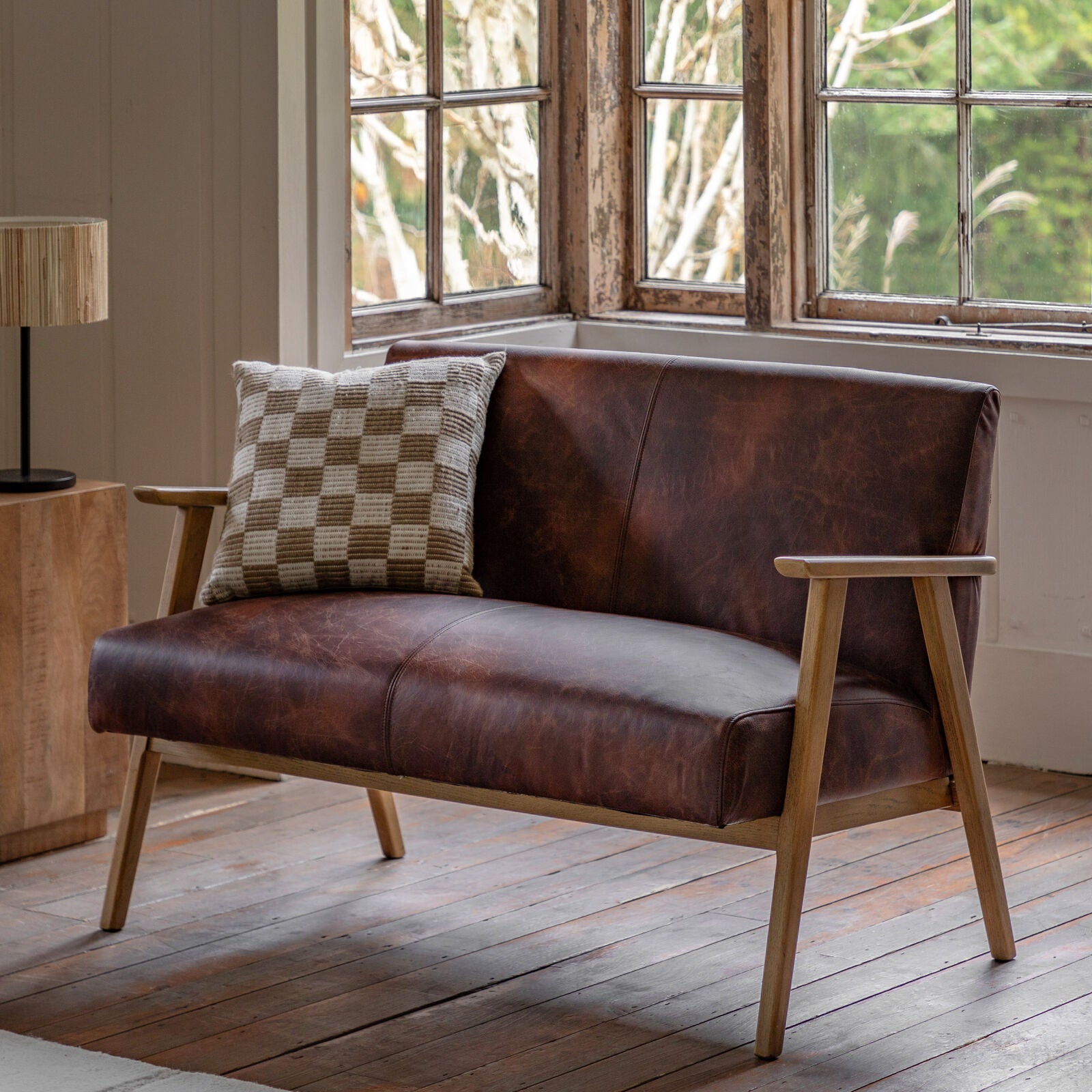 Barret mid century style 2 seat sofa in vintage brown leather with solid ash frame | malletandplane.com