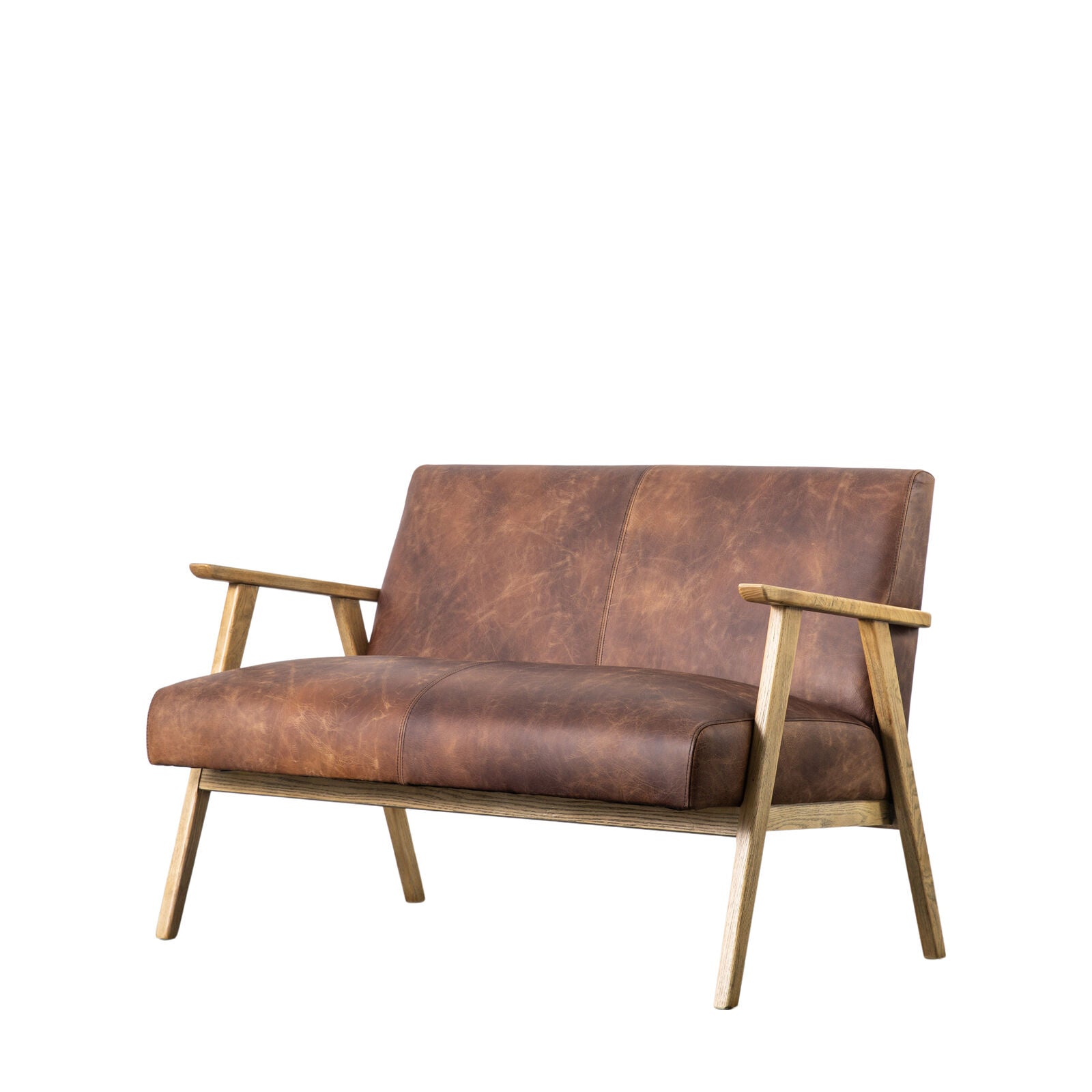 Barret mid century style 2 seat sofa in vintage brown leather with solid ash frame | MalletandPlane.com