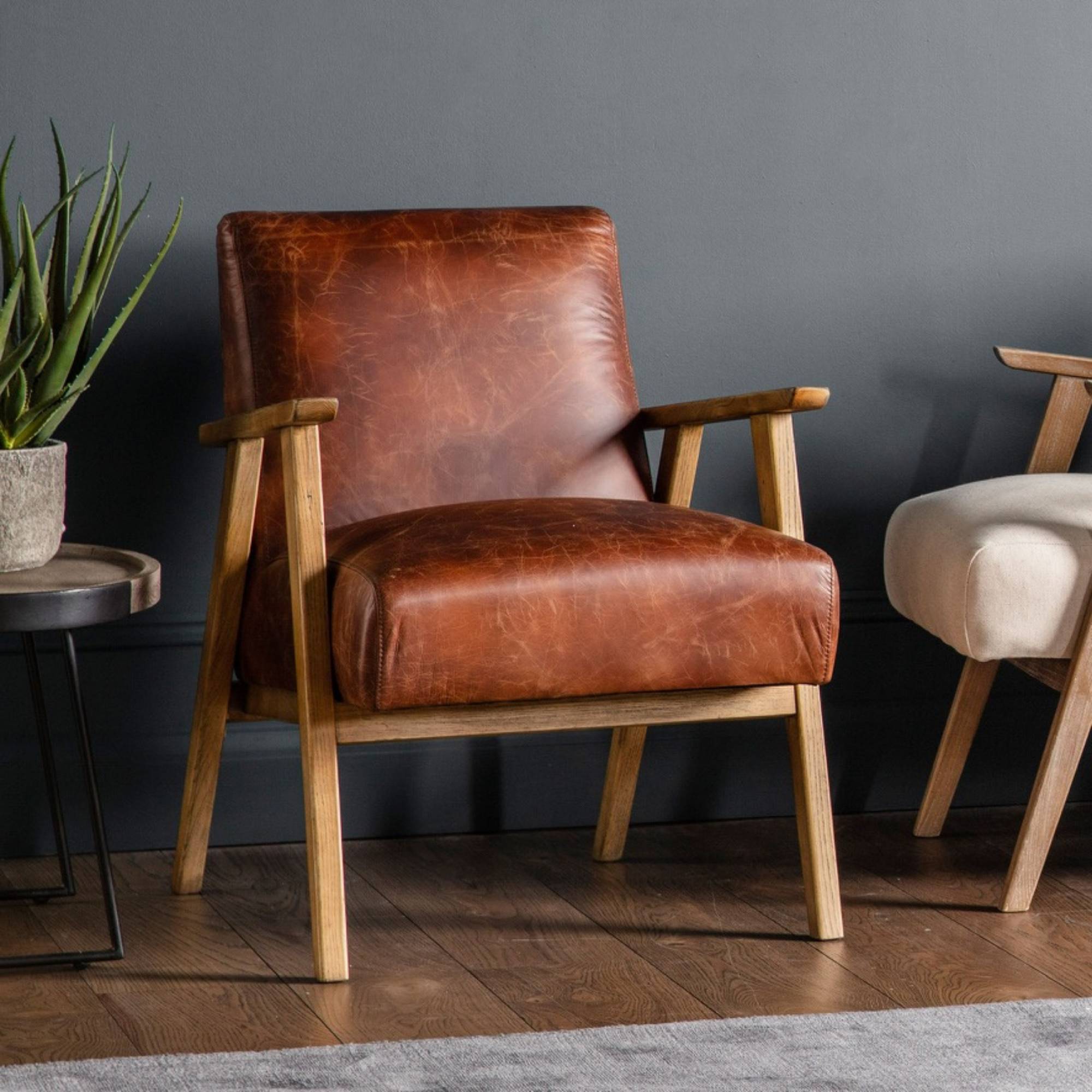 Barret mid century armchair in vintage brown top grain leather with ash wood frame | MalletandPlane.com