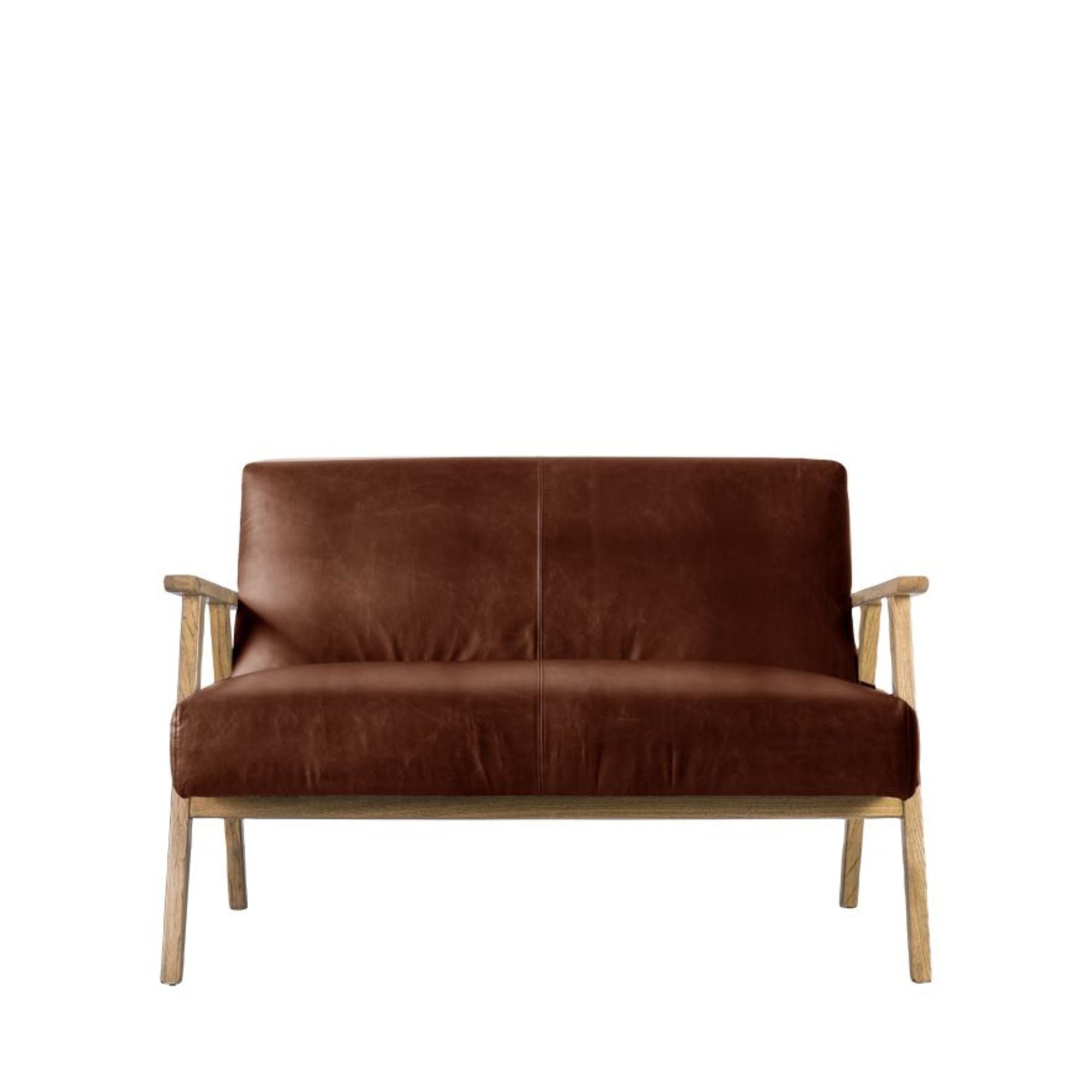 Barret mid century style 2 seat sofa in vintage brown leather with solid ash frame | MalletandPlane.com
